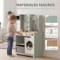Cocina de Juguete de Madera con Lavandería Máquina de Hielo Cajón de Tela Perchas Accesorios de Acero Inoxidable Verde