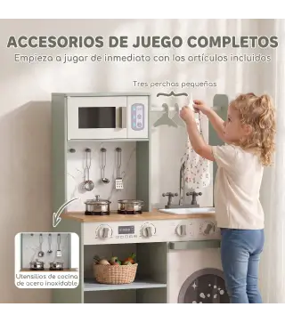 Cocina de Juguete de Madera con Lavandería Máquina de Hielo Cajón de Tela Perchas Accesorios de Acero Inoxidable Verde