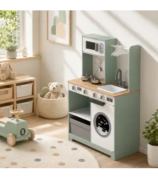 Cocina de Juguete de Madera con Lavandería Máquina de Hielo Cajón de Tela Perchas Accesorios de Acero Inoxidable Verde