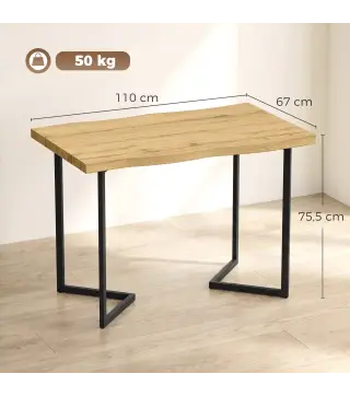 Mesa de Comedor para 2 Personas con Tablero Grueso Patas Metálicas Estilo Moderno 110x67x75,5 cm Roble