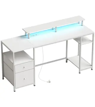 Mesa de Escritorio con Luces LED Cajones Tomas de Corriente Puertos USB y Soporte para Monitor 155,5x48x88,5 cm Blanco