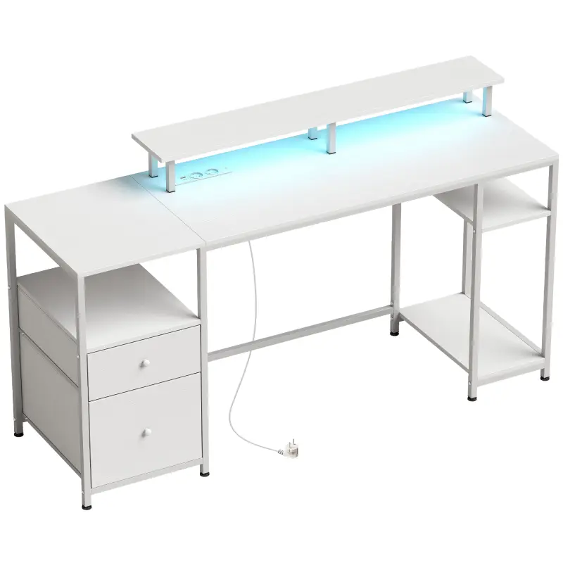 Mesa de Escritorio con Luces LED Cajones Tomas de Corriente Puertos USB y Soporte para Monitor 155,5x48x88,5 cm Blanco