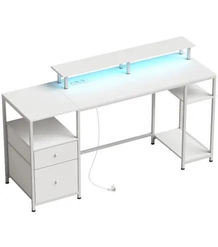 Mesa de Escritorio con Luces LED Cajones Tomas de Corriente Puertos USB y Soporte para Monitor 155,5x48x88,5 cm Blanco