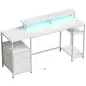 Mesa de Escritorio con Luces LED Cajones Tomas de Corriente Puertos USB y Soporte para Monitor 155,5x48x88,5 cm Blanco