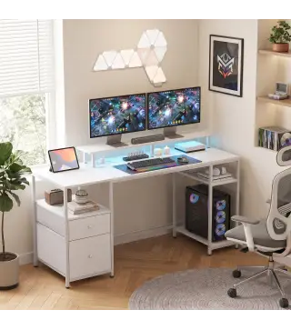 Mesa de Escritorio con Luces LED Cajones Tomas de Corriente Puertos USB y Soporte para Monitor 155,5x48x88,5 cm Blanco