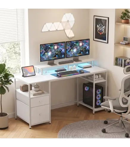 Mesa de Escritorio con Luces LED Cajones Tomas de Corriente Puertos USB y Soporte para Monitor 155,5x48x88,5 cm Blanco