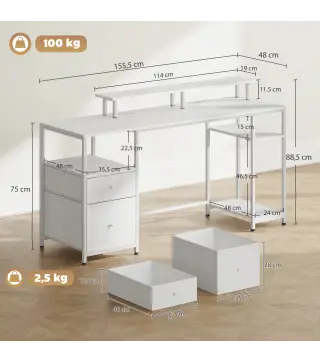 Mesa de Escritorio con Luces LED Cajones Tomas de Corriente Puertos USB y Soporte para Monitor 155,5x48x88,5 cm Blanco
