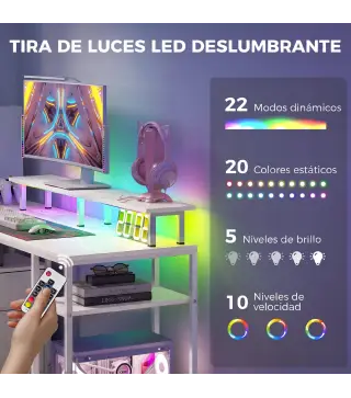 Mesa de Escritorio con Luces LED Cajones Tomas de Corriente Puertos USB y Soporte para Monitor 155,5x48x88,5 cm Blanco