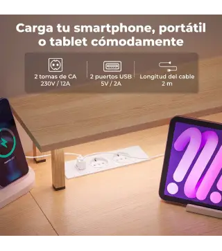 Mesa de Escritorio con Luces LED Cajones Tomas de Corriente Puertos USB y Soporte para Monitor 155,5x48x88,5 cm Blanco