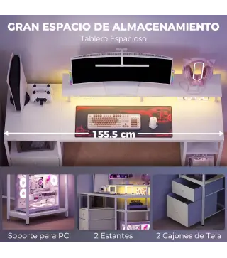 Mesa de Escritorio con Luces LED Cajones Tomas de Corriente Puertos USB y Soporte para Monitor 155,5x48x88,5 cm Blanco