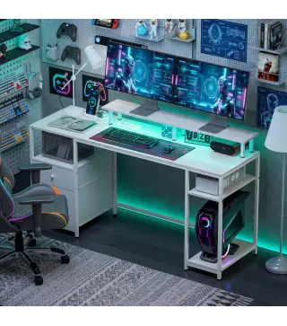 Mesa de Escritorio con Luces LED Cajones Tomas de Corriente Puertos USB y Soporte para Monitor 155,5x48x88,5 cm Blanco