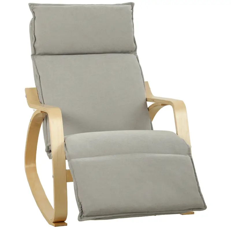 Silla Mecedora con Reposapiés Ajustable en 5 Posiciones Reposabrazos de Madera Acolchado Doble Capa Gris Claro Silla Mecedora con Reposapiés Ajustable en 5 Posiciones Reposabrazos de Madera Acolchado Doble Capa Gris Claro
