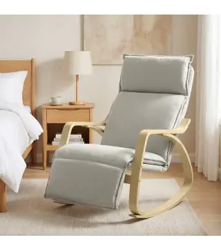 Silla Mecedora con Reposapiés Ajustable en 5 Posiciones Reposabrazos de Madera Acolchado Doble Capa Gris Claro