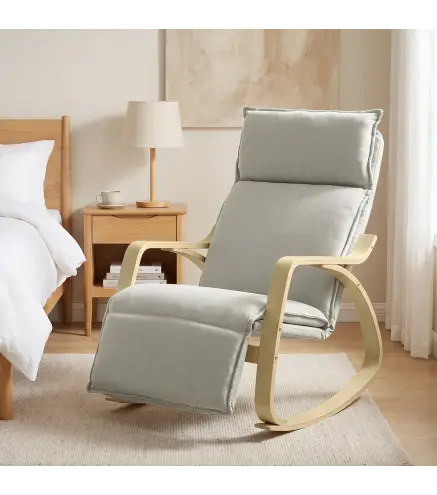 Silla Mecedora con Reposapiés Ajustable en 5 Posiciones Reposabrazos de Madera Acolchado Doble Capa Gris Claro