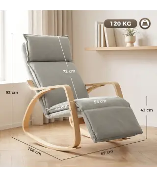 Silla Mecedora con Reposapiés Ajustable en 5 Posiciones Reposabrazos de Madera Acolchado Doble Capa Gris Claro