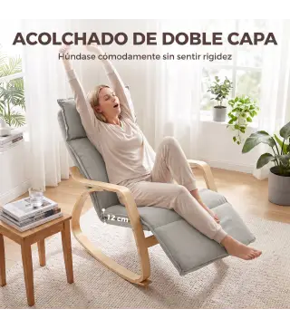 Silla Mecedora con Reposapiés Ajustable en 5 Posiciones Reposabrazos de Madera Acolchado Doble Capa Gris Claro