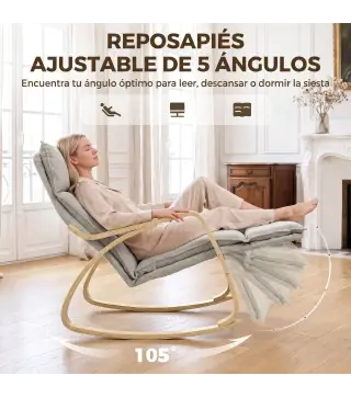 Silla Mecedora con Reposapiés Ajustable en 5 Posiciones Reposabrazos de Madera Acolchado Doble Capa Gris Claro