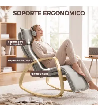 Silla Mecedora con Reposapiés Ajustable en 5 Posiciones Reposabrazos de Madera Acolchado Doble Capa Gris Claro