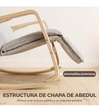 Silla Mecedora con Reposapiés Ajustable en 5 Posiciones Reposabrazos de Madera Acolchado Doble Capa Gris Claro