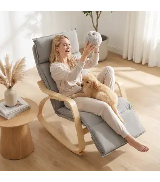 Silla Mecedora con Reposapiés Ajustable en 5 Posiciones Reposabrazos de Madera Acolchado Doble Capa Gris Claro