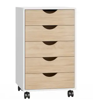 Cajonera Oficina con Ruedas y 5 Cajones Archivador Móvil, para Estudio Salón 40x40x67 cm Blanco y Natural