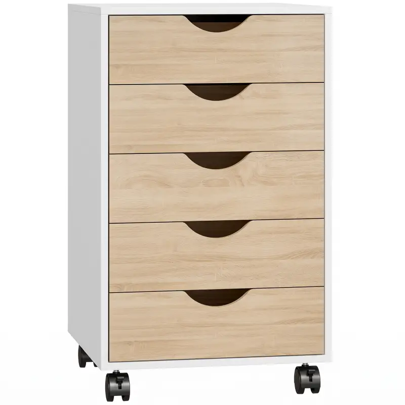Cajonera Oficina con Ruedas y 5 Cajones Archivador Móvil, para Estudio Salón 40x40x67 cm Blanco y Natural