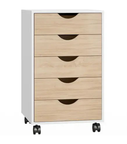 Cajonera Oficina con Ruedas y 5 Cajones Archivador Móvil, para Estudio Salón 40x40x67 cm Blanco y Natural