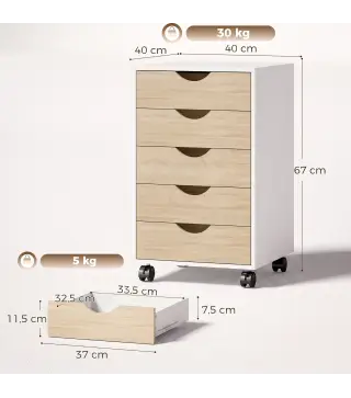 Cajonera Oficina con Ruedas y 5 Cajones Archivador Móvil, para Estudio Salón 40x40x67 cm Blanco y Natural
