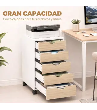 Cajonera Oficina con Ruedas y 5 Cajones Archivador Móvil, para Estudio Salón 40x40x67 cm Blanco y Natural