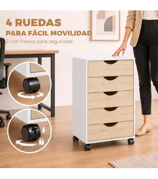 Cajonera Oficina con Ruedas y 5 Cajones Archivador Móvil, para Estudio Salón 40x40x67 cm Blanco y Natural