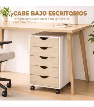Cajonera Oficina con Ruedas y 5 Cajones Archivador Móvil, para Estudio Salón 40x40x67 cm Blanco y Natural