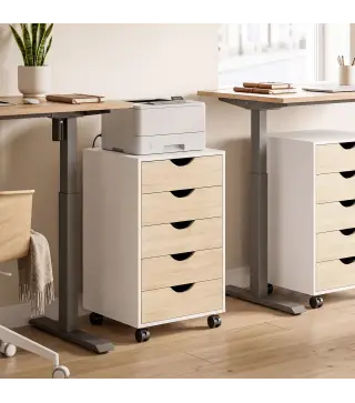 Cajonera Oficina con Ruedas y 5 Cajones Archivador Móvil, para Estudio Salón 40x40x67 cm Blanco y Natural