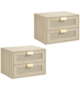 Juego de 2 Mesitas de Noche Flotantes con 2 Cajones con Frente de Ratán Natural para Dormitorio 40x30x27,6 cm Roble