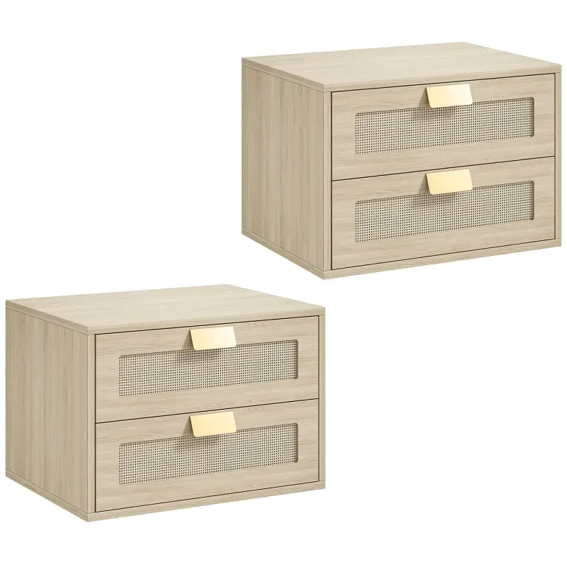 Juego de 2 Mesitas de Noche Flotantes con 2 Cajones con Frente de Ratán Natural para Dormitorio 40x30x27,6 cm Roble Juego de 2 Mesitas de Noche Flotantes con 2 Cajones con Frente de Ratán Natural para Dormitorio 40x30x27,6 cm Roble