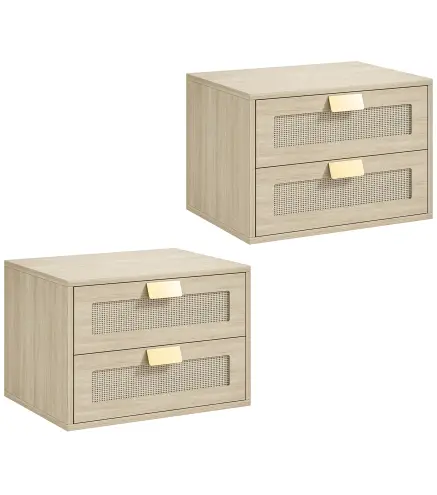 Juego de 2 Mesitas de Noche Flotantes con 2 Cajones con Frente de Ratán Natural para Dormitorio 40x30x27,6 cm Roble