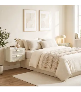 Juego de 2 Mesitas de Noche Flotantes con 2 Cajones con Frente de Ratán Natural para Dormitorio 40x30x27,6 cm Roble