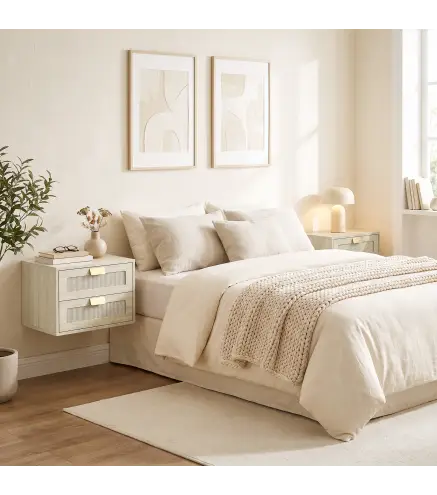 Juego de 2 Mesitas de Noche Flotantes con 2 Cajones con Frente de Ratán Natural para Dormitorio 40x30x27,6 cm Roble