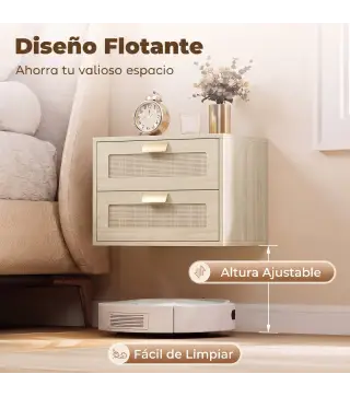 Juego de 2 Mesitas de Noche Flotantes con 2 Cajones con Frente de Ratán Natural para Dormitorio 40x30x27,6 cm Roble