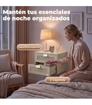 Juego de 2 Mesitas de Noche Flotantes con 2 Cajones con Frente de Ratán Natural para Dormitorio 40x30x27,6 cm Roble