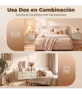 Juego de 2 Mesitas de Noche Flotantes con 2 Cajones con Frente de Ratán Natural para Dormitorio 40x30x27,6 cm Roble