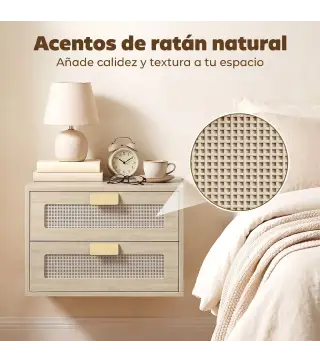 Juego de 2 Mesitas de Noche Flotantes con 2 Cajones con Frente de Ratán Natural para Dormitorio 40x30x27,6 cm Roble