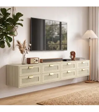 Juego de 2 Mesitas de Noche Flotantes con 2 Cajones con Frente de Ratán Natural para Dormitorio 40x30x27,6 cm Roble