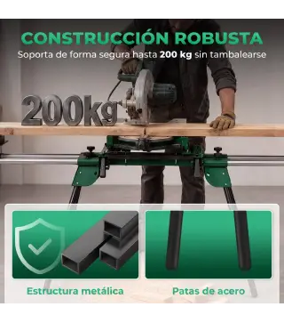 Soporte de Sierra Ingletadora Plegable Universal con 2 Rodillos de Apoyo Altura y Ancho Ajustable Carga 200 kg Verde