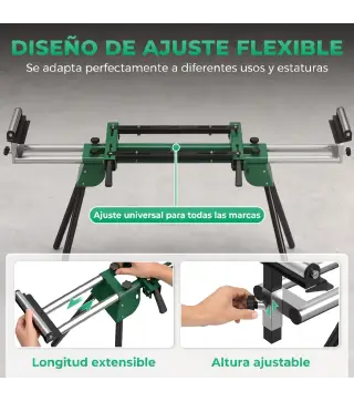 Soporte de Sierra Ingletadora Plegable Universal con 2 Rodillos de Apoyo Altura y Ancho Ajustable Carga 200 kg Verde
