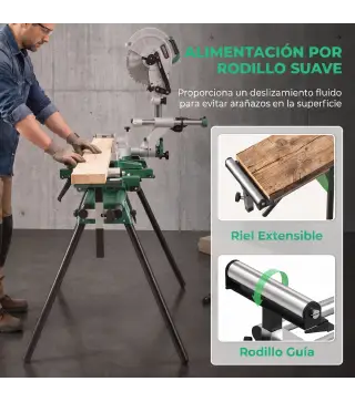 Soporte de Sierra Ingletadora Plegable Universal con 2 Rodillos de Apoyo Altura y Ancho Ajustable Carga 200 kg Verde