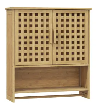 Armario de Baño de Pared de Bambú con 2 Puertas de Celosía Estante Abierto y Estante Ajustable Natural