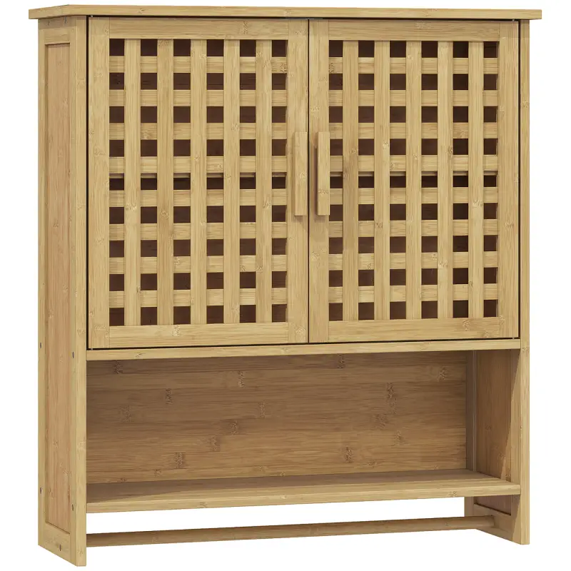 Armario de Baño de Pared de Bambú con 2 Puertas de Celosía Estante Abierto y Estante Ajustable Natural Armario de Baño de Pared de Bambú con 2 Puertas de Celosía Estante Abierto y Estante Ajustable Natural