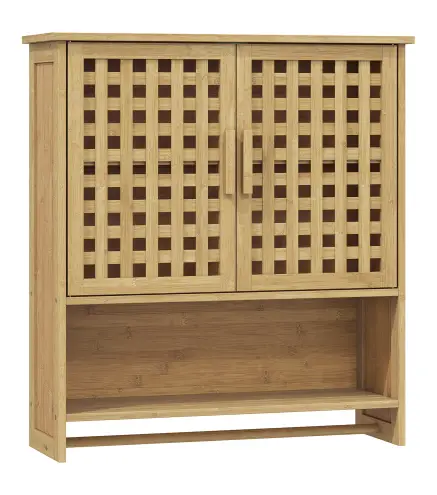 Armario de Baño de Pared de Bambú con 2 Puertas de Celosía Estante Abierto y Estante Ajustable Natural