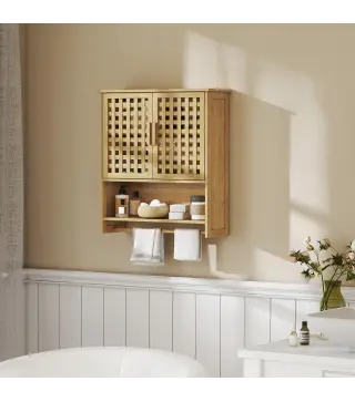 Armario de Baño de Pared de Bambú con 2 Puertas de Celosía Estante Abierto y Estante Ajustable Natural