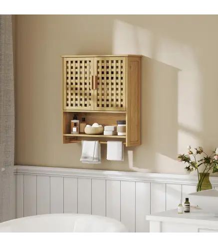 Armario de Baño de Pared de Bambú con 2 Puertas de Celosía Estante Abierto y Estante Ajustable Natural